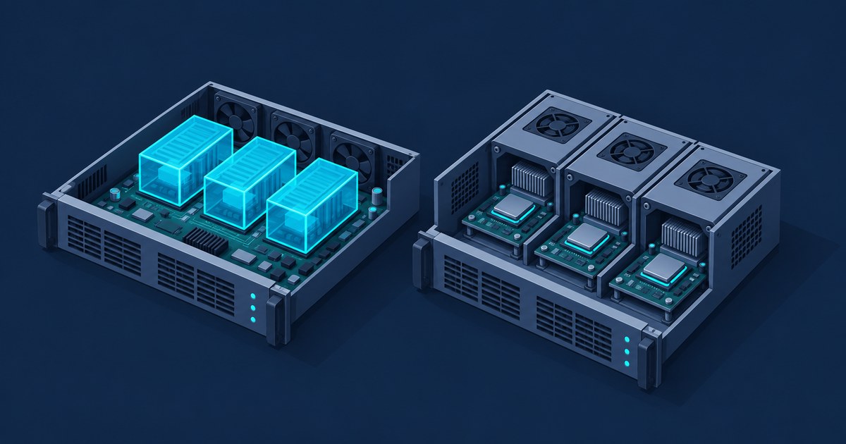 Two open rack servers side by side, one with glowing cyan containers sharing a single motherboard, the other split into three isolated boxes with their own CPUs and fans
